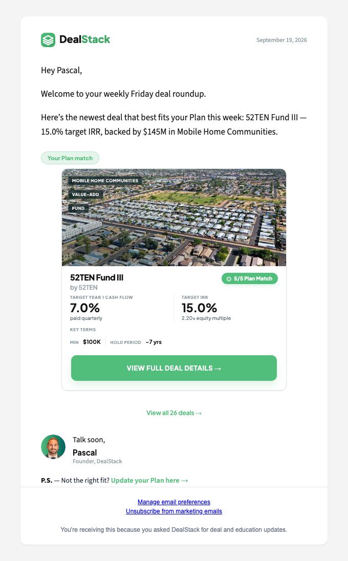 The weekly DealStack email with the newest deal that fits the investor’s plan