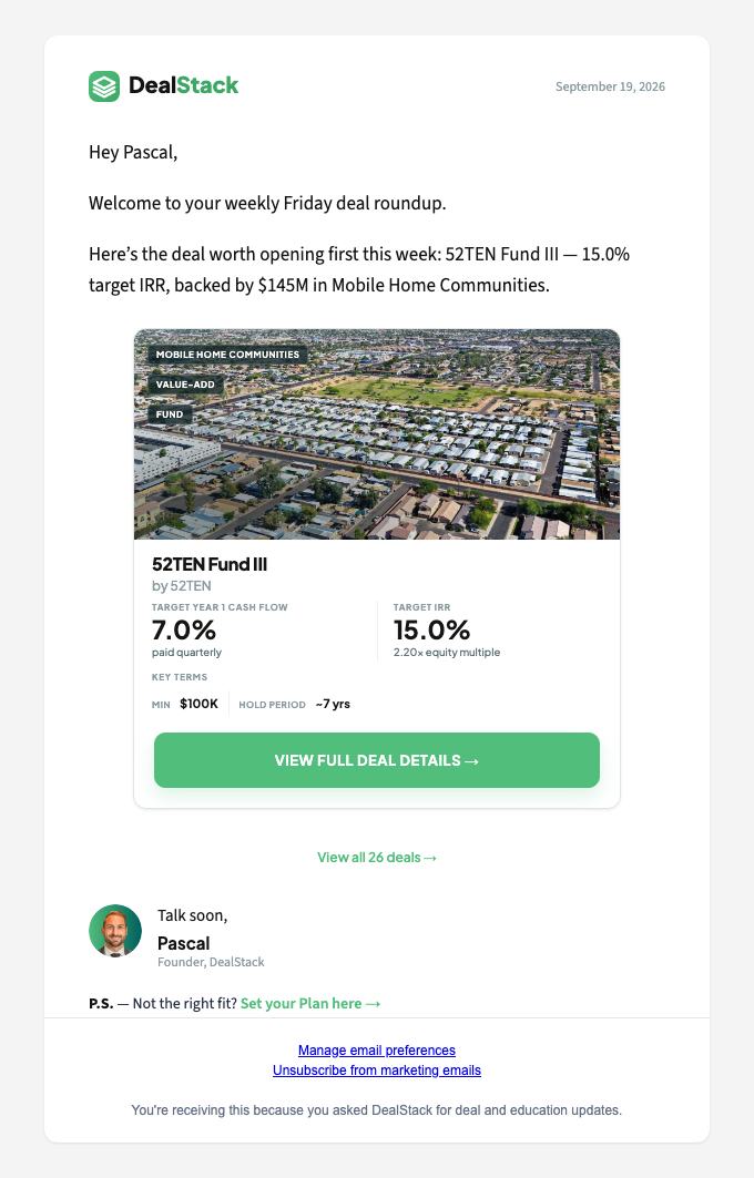 Friday DealStack investor email featuring 52TEN Fund III