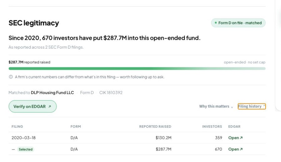 DealStack deal page showing SEC legitimacy and multiple Form D filings