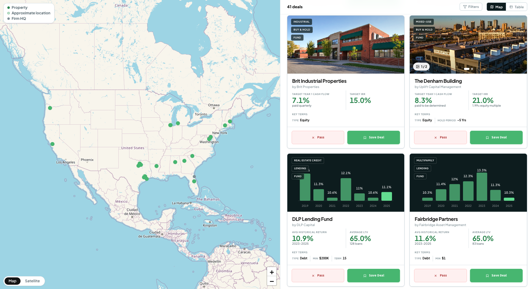 DealStack Explore page showing a live market map and deal cards