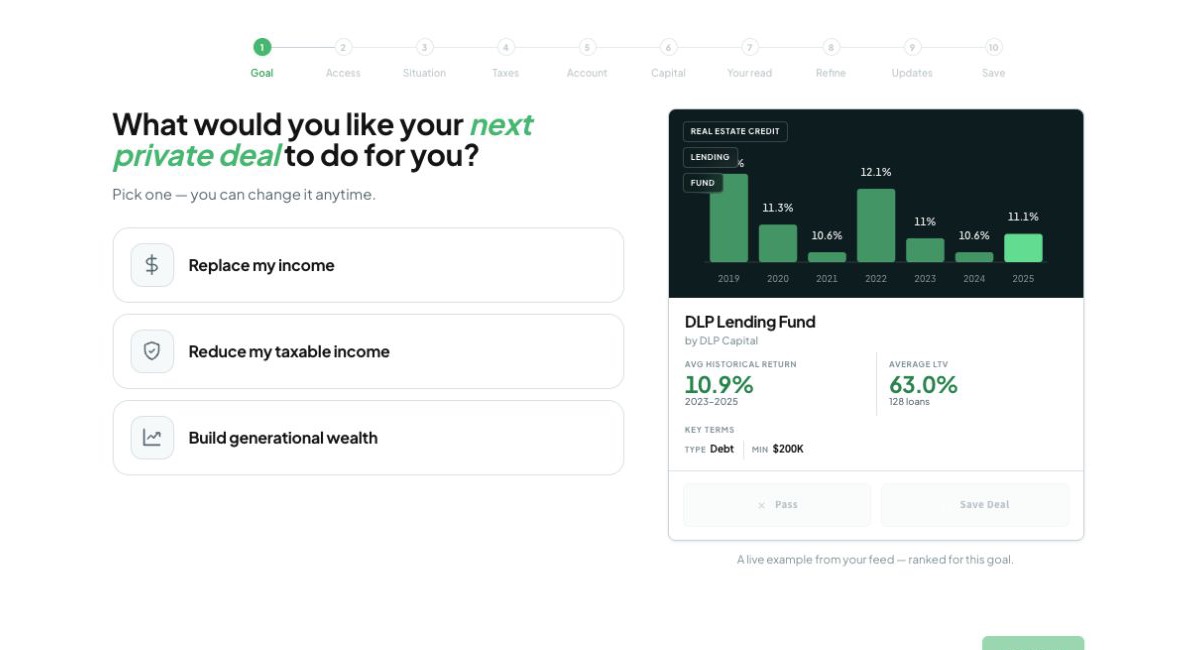 DealStack plan wizard asking what you would like your next private deal to do for you